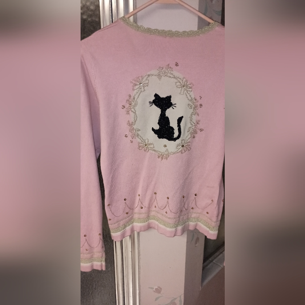 Charlotte Tarantola Sweet Black Kitty Sweater Pink Large